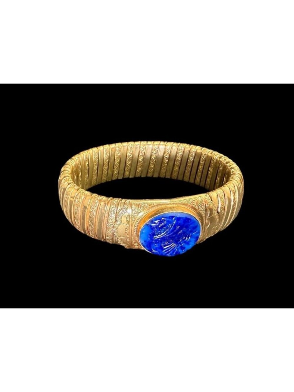 KJAG Kollmar & Jourdan German Gold Shell Bracelet Bangle Etched Blue Glass